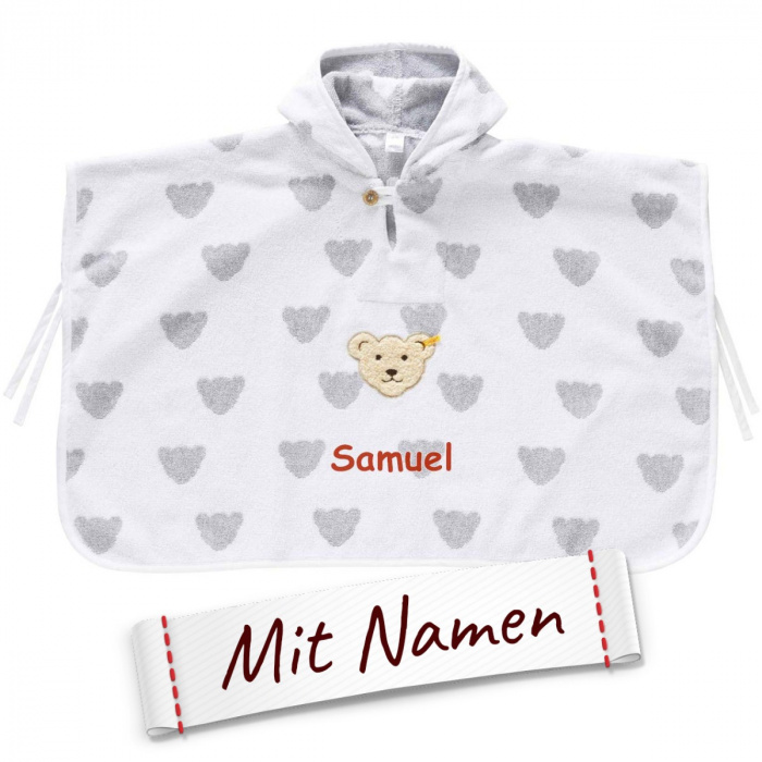 Steiff Badetuch Poncho, Weiß/Grau, bestickt