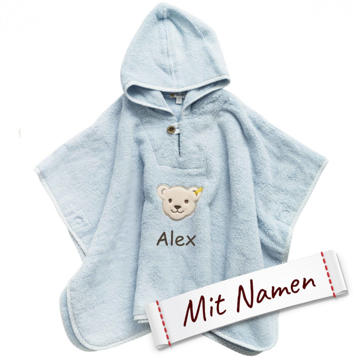 Steiff Badetuch Poncho, Blau, bestickt