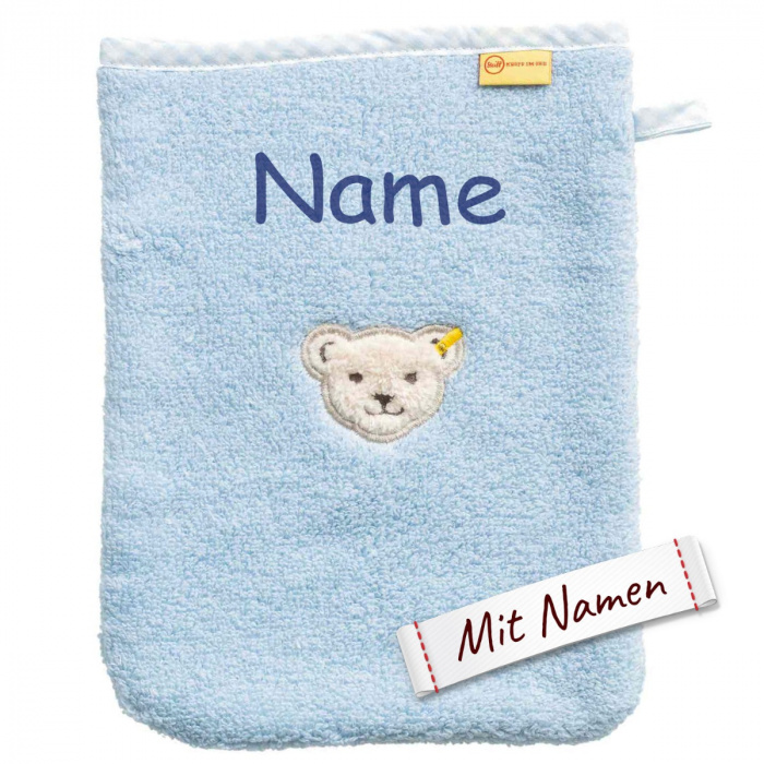 Steiff Bär Waschhandschuh Blau, bestickt