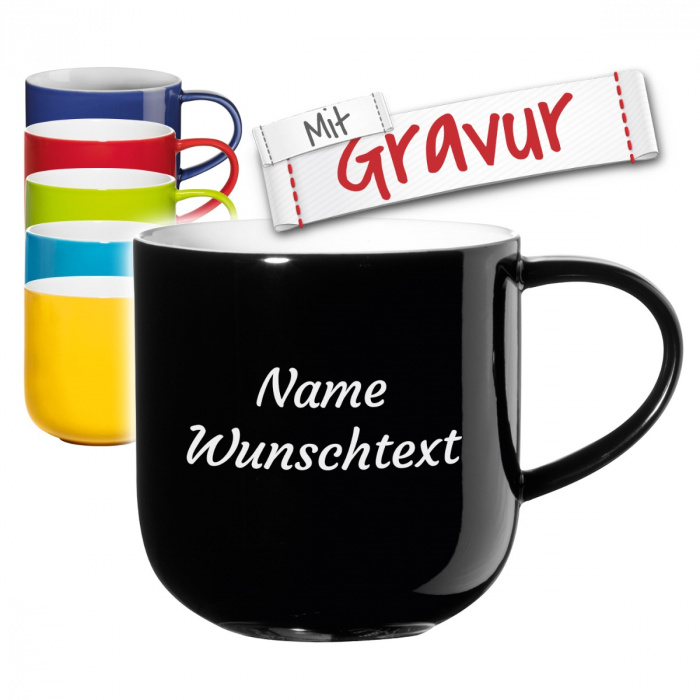 Geburtstagsgeschenk: Personalisierte Kaffeebecher in Schwarz mit Namen mit Gravur