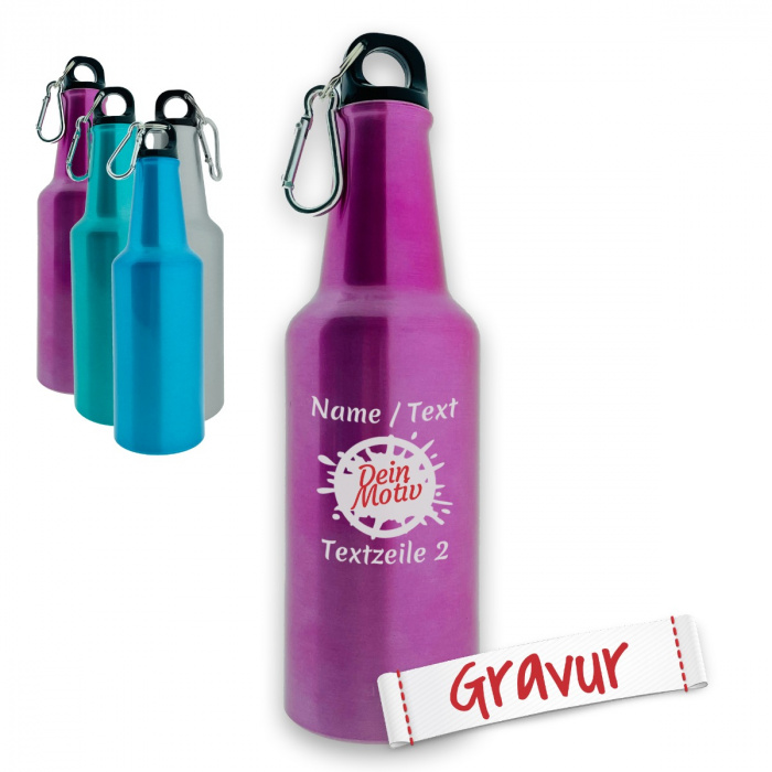Sportflasche mit Gravur, Aluminium 600ml Pink - Geschenk personalisiert für Schule, Arbeit & Sport