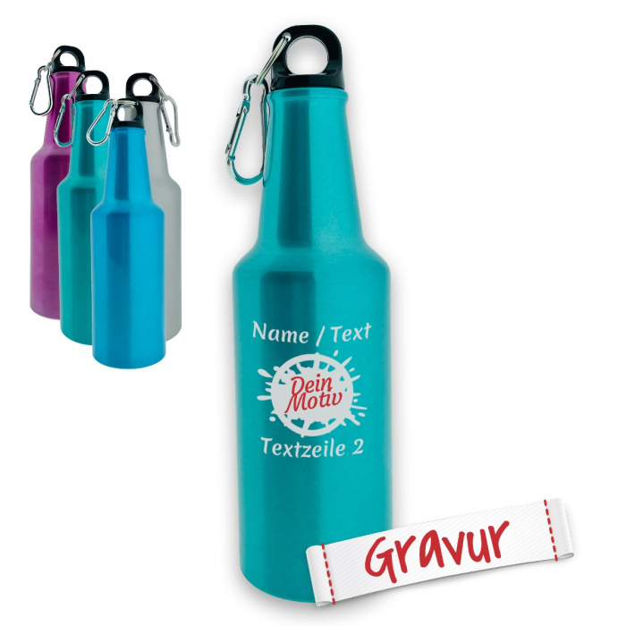 Personalisierte Trinkflasche Aluminium mit Gravur, 600ml, Türkis - Geschenkidee Geburtstag