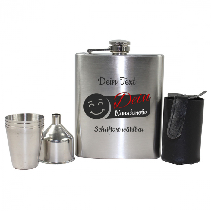 Flachmann mit Gravur, 7 tlg.  Set aus rostfrei gebürstetem Edelstahl