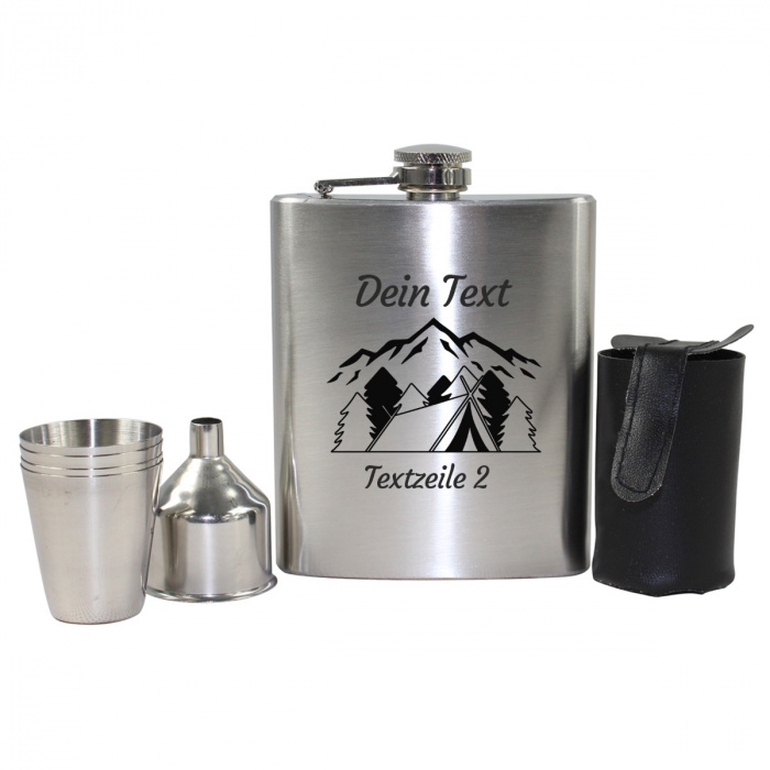 Camping Flachmann-Set, 7 tlg. - Motiv Zelt Tannenwald mit Gravur