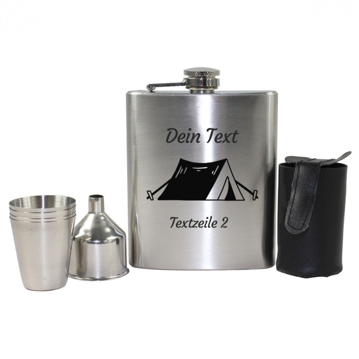 Camping Flachmann-Set, 7 tlg. - Motiv Zelt verankert mit Gravur