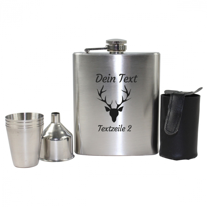 Jäger Flachmann-Set, Motiv Hirschgeweih mit Gravur