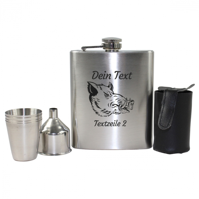 Jäger Flachmann-Set, Motiv Wildschwein, Kopf mit Gravur