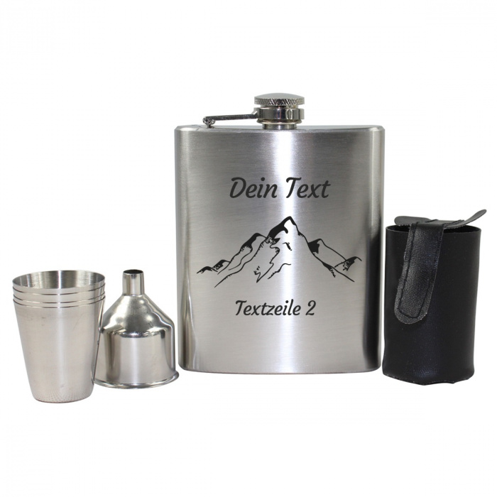 Wandern Flachmann-Set, Motiv Berglandschaft mit Gravur
