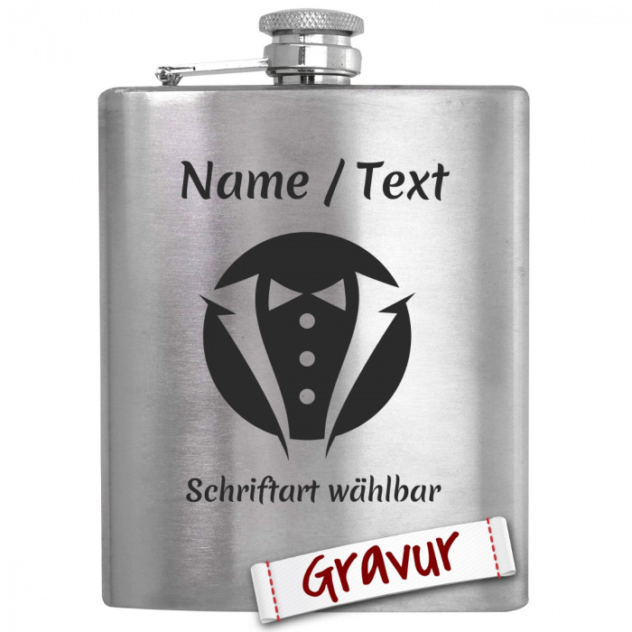 Hochzeitsgeschenk Flachmann Trauzeuge, Einzigartig durch Gravur und Smoking Motiv