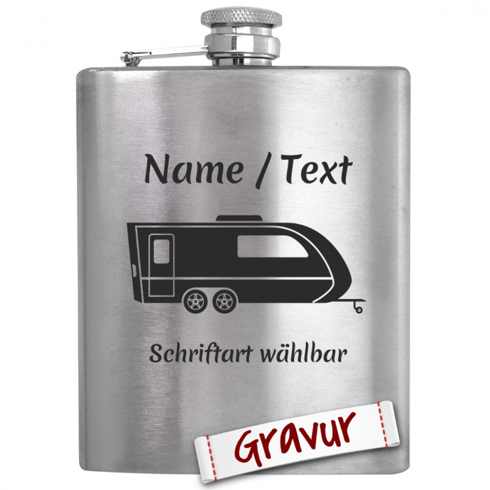 Camping Flachmann mit Gravur, Motiv Wohnwagen / Campingwagen #1
