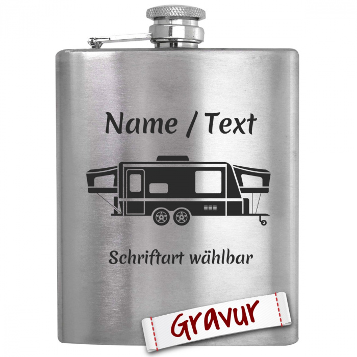 Camping Flachmann mit Gravur, Motiv Wohnwagen / Campingwagen #2