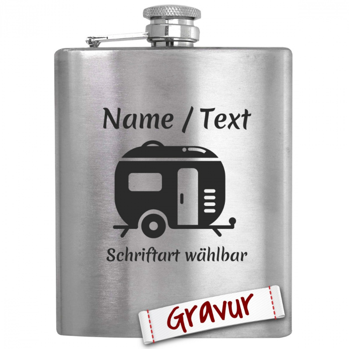 Camping Flachmann mit Gravur, Motiv Wohnwagen