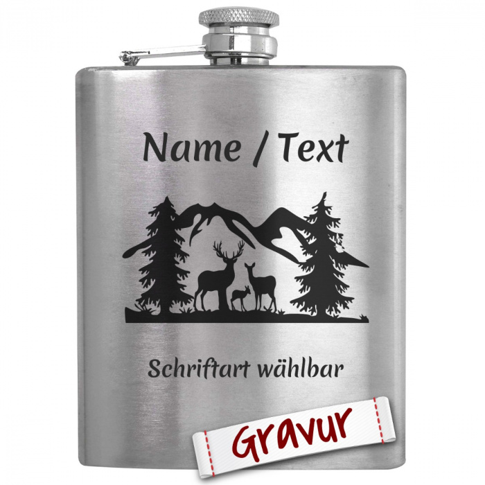 Bergsteiger Flachmann mit Gravur, Motiv Hirsch / Gebirge / Wald