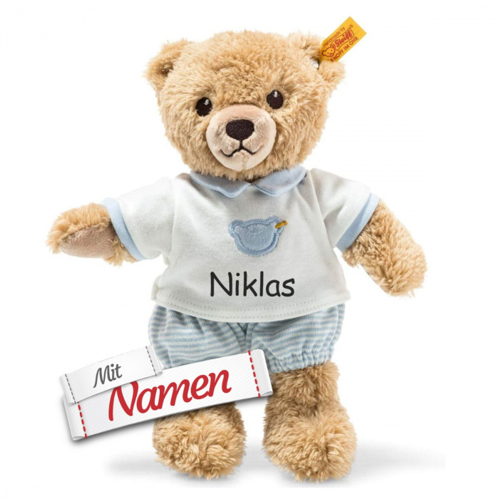 Kuscheltier personalisiert: Steiff Schlaf Gut Bär Blau mit Namen, Geschenk Geburt / Taufe, Junge, bestickt