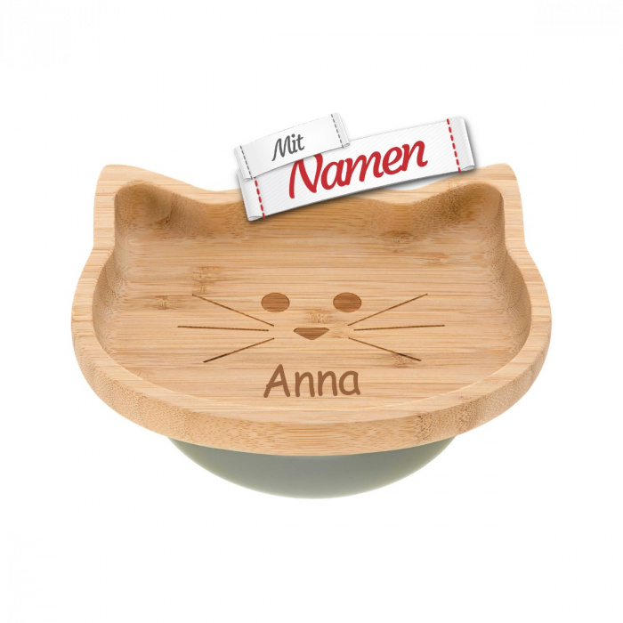 Rutschfester Lässig Kinderteller mit Namen (graviert), Little Chums Cat, Geschenk zur Taufe mit Gravur