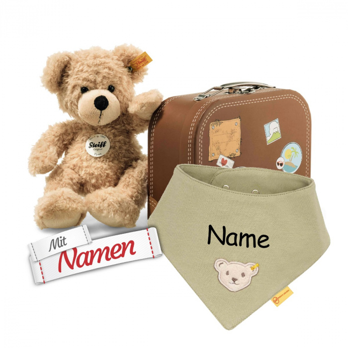Steiff Kuscheltier im Koffer, Halstuch mit Namen personalisiert, Baby Geschenk zur Geburt / Taufe, bestickt