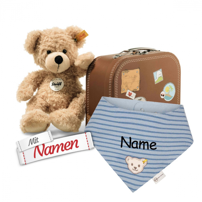 Geschenk zur Geburt: Steiff Fynn Teddybär im Koffer + Halstuch Junge, Blau GOTS celestial blue, bestickt