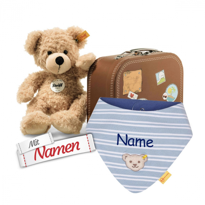 Steiff Fynn Teddybär im Koffer + Halstuch Junge, Chambray Blue, bestickt