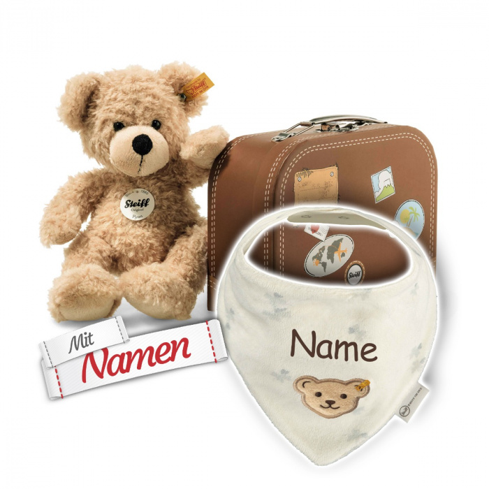 Steiff Fynn Teddybär im Koffer - Geschenk personalisiert für Kinder zum 1. Geburtstag, bestickt