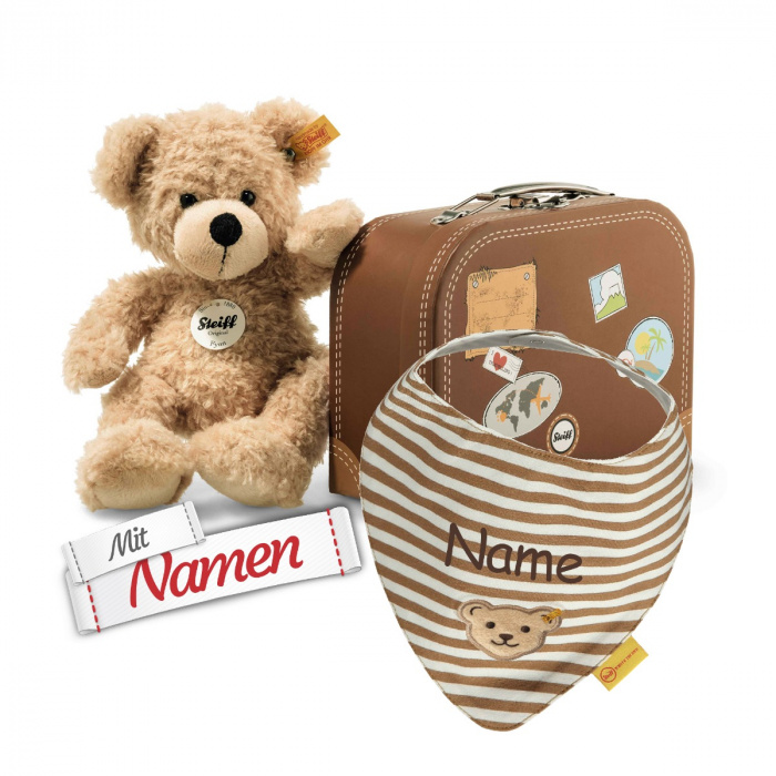 Steiff Fynn Teddybär im Koffer + Halstuch Junge, Tobaco Brown, bestickt