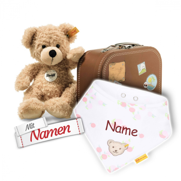 Baby Weihnachtsgeschenk Mädchen: Steiff Fynn Teddybär im Koffer + Halstuch mit Namen, bestickt