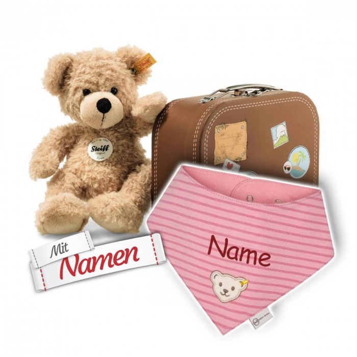 Steiff Fynn Teddybär im Koffer + Halstuch Mädchen, Rosa, GOTS bridal rose, bestickt