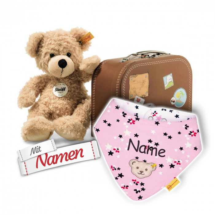 Steiff Kuscheltier Fynn im Koffer zur Taufe & Geburt, Mädchen Halstuch mit Namen bestickt
