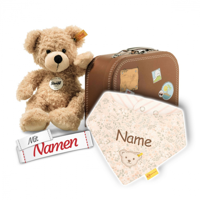 Steiff Fynn Teddybär im Koffer + Halstuch Mädchen, Seahshell Pink, bestickt