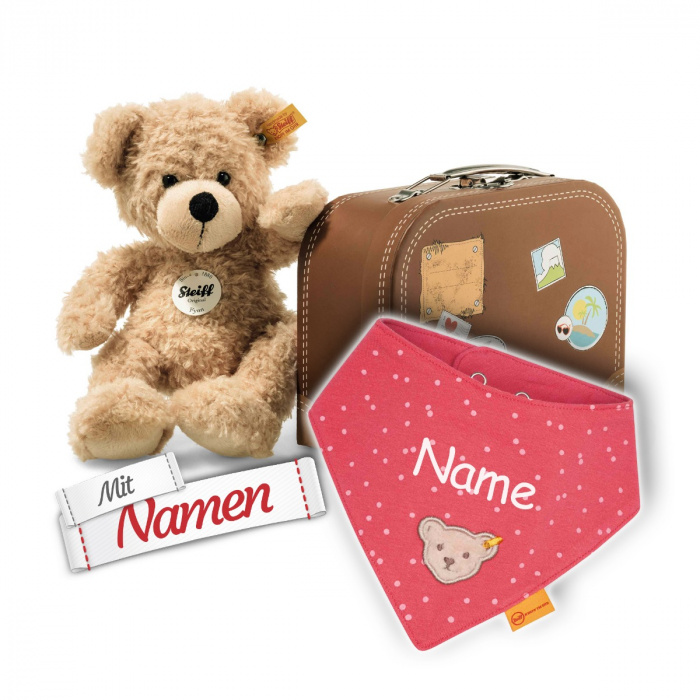 Steiff Fynn Teddybär im Koffer + Halstuch Mädchen, Claret Red, bestickt