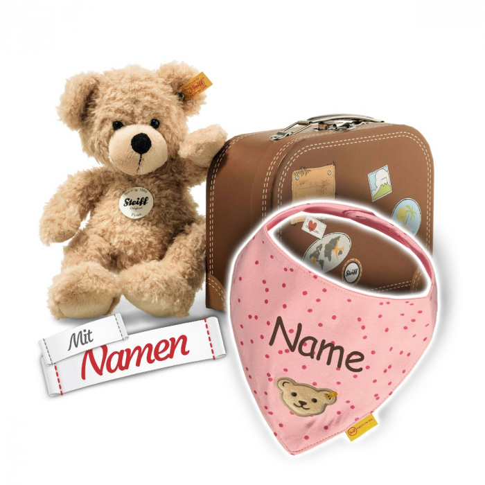 Steiff Fynn Teddybär im Koffer + Halstuch Mädchen, Peony, bestickt