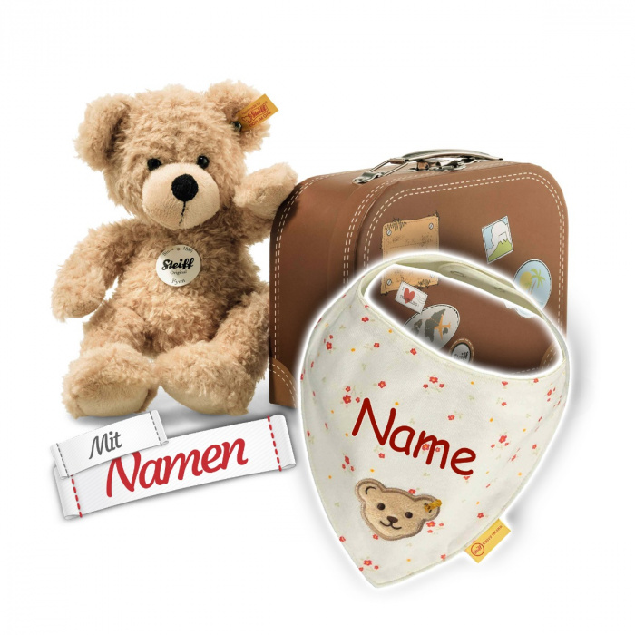 Steiff Fynn Teddybär - Personalisiertes Stofftier mit Namen für Mädchen zum 1. Geburtstag, bestickt