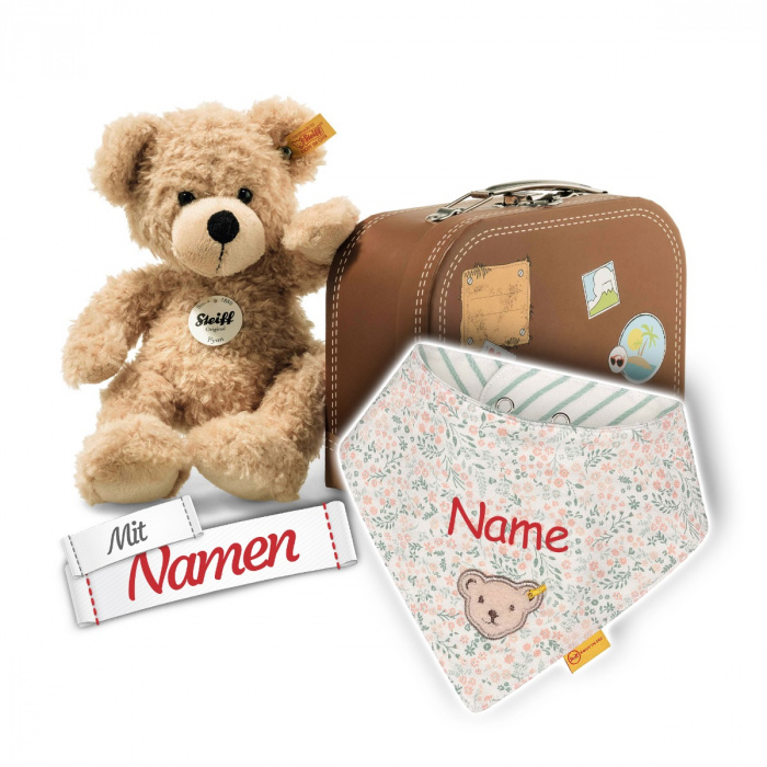 Steiff Fynn Teddybär im Koffer + Halstuch Mädchen, Cloud Dancer, bestickt
