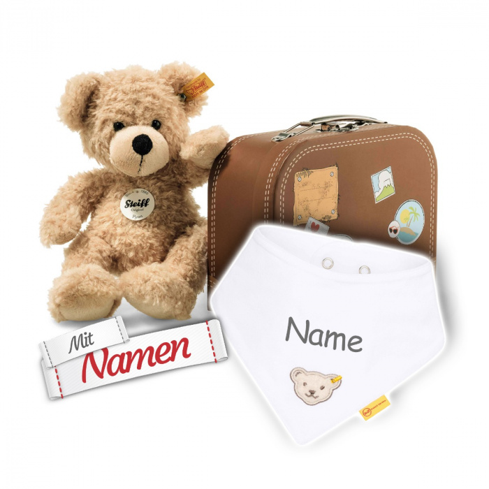 Steiff Fynn Teddybär im Koffer + Weißes Mädchen Halstuch mit Namen bestickt