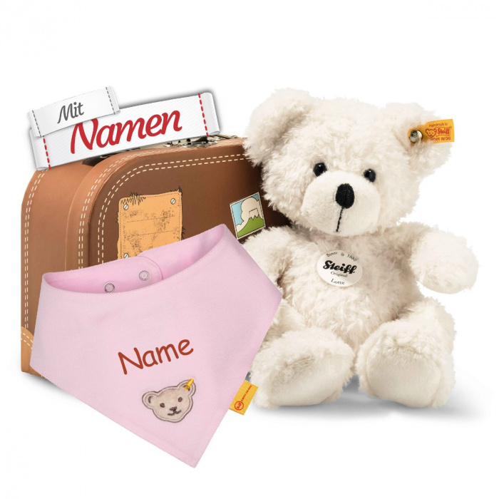 Steiff Lotte Teddybär im Koffer + Mädchen Halstuch Rosa, bestickt