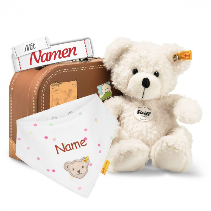 Steiff Teddybär Lotte im Koffer, Halstuch mit Namen, Baby Geschenk personalisiert für Mädchen, bestickt