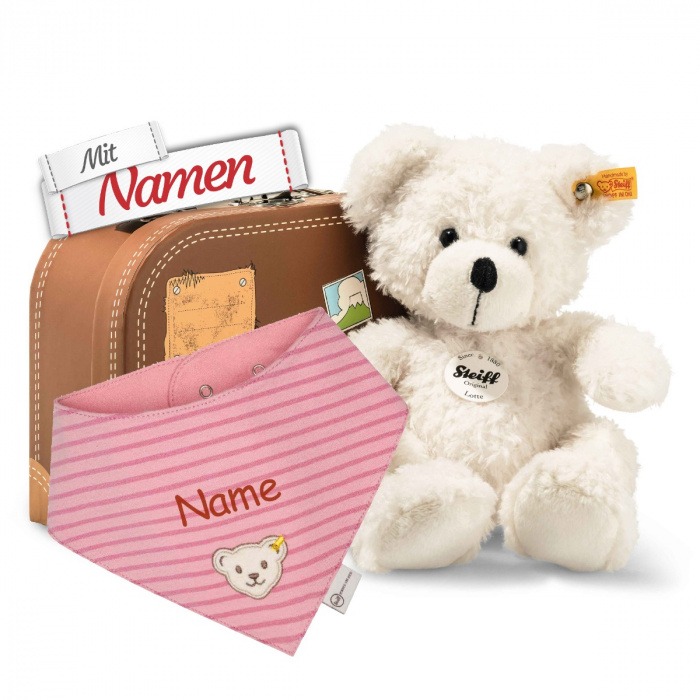 Steiff Lotte Teddybär im Koffer mit Rosa Halstuch personalisiert (GOTS) für Mädchen, Babygeschenk zur Geburt, bestickt
