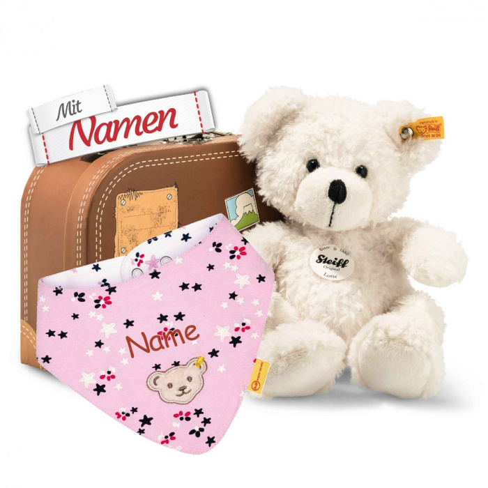 Steiff Geburtsgeschenk: Lotte Teddybär im Koffer + Mädchen Halstuch mit Namen, Rosa sweet lilac, bestickt