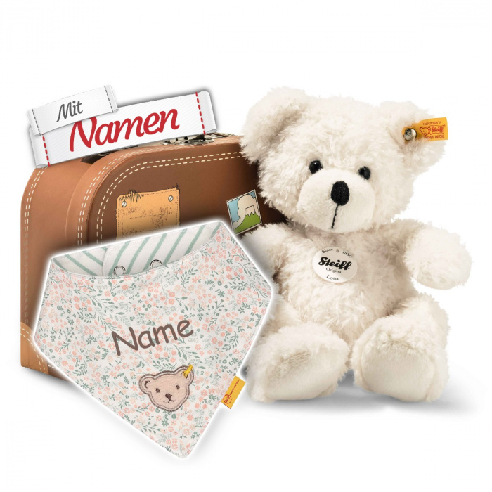 Steiff Lotte Teddybär im Koffer + Mädchen Halstuch Seahshell Pink, bestickt