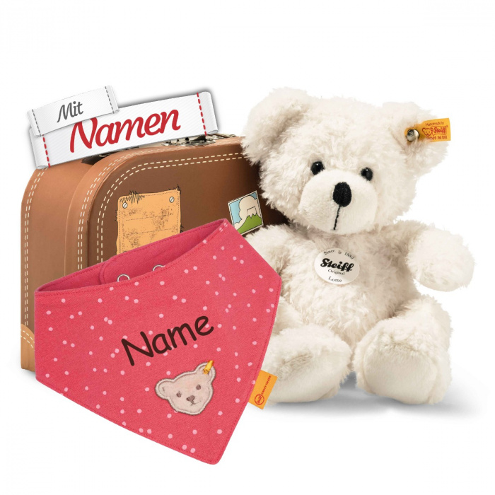 Steiff Lotte Teddybär im Koffer + Mädchen Halstuch Claret Red, bestickt