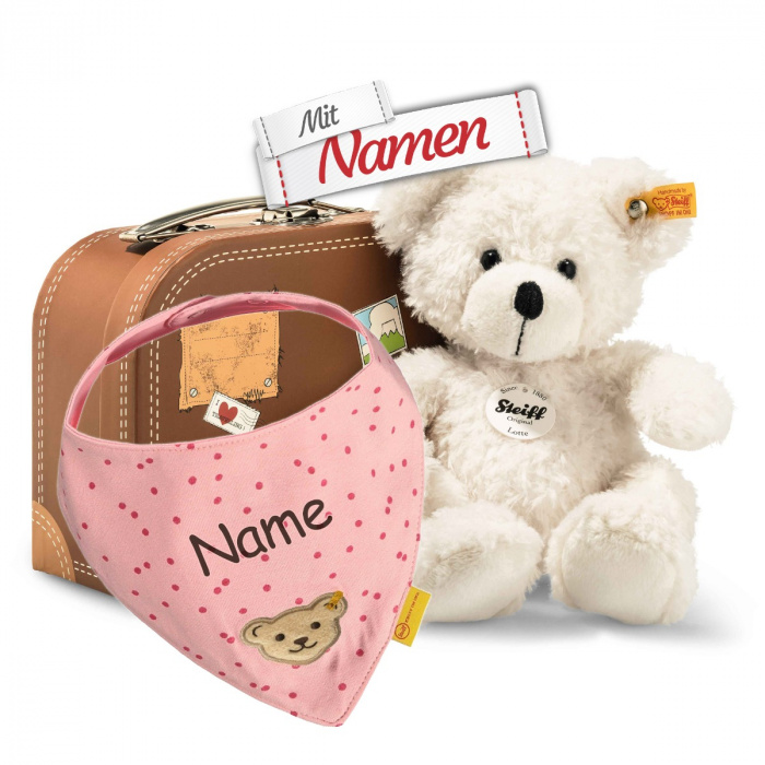 Steiff Lotte Teddybär im Koffer + Mädchen Halstuch Peony, bestickt