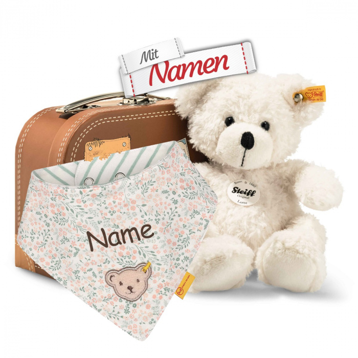Steiff Lotte Teddybär im Koffer + Mädchen Halstuch Cloud Dancer, bestickt