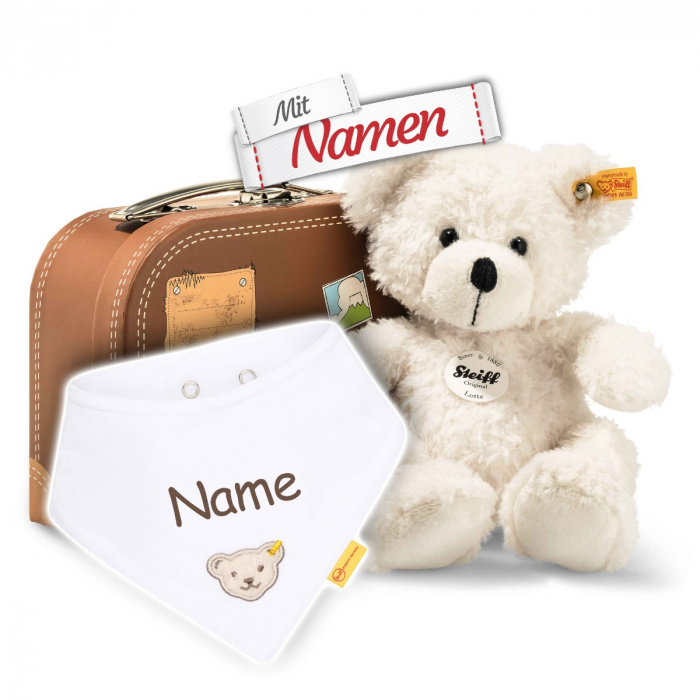 Baby Geschenk personalisiert: Steiff Lotte Teddybär im Koffer + Mädchen Halstuch Weiß mit Namen, bestickt