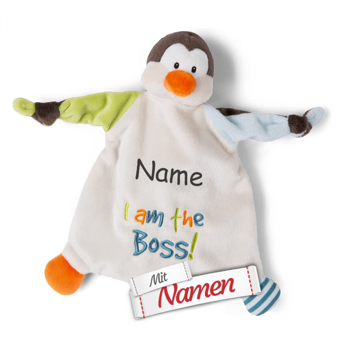 NICI Stofftier-Schmusetuch Pinguin mit Namen bestickt, Kuscheltier I am the Boss