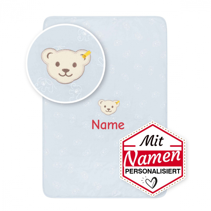 Steiff Kinderdecke mit Namen, Bio, personalisiert - Ideales Geschenk zur Taufe, Blau, bestickt