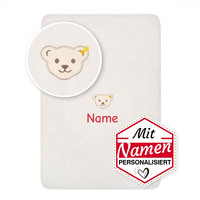 Steiff Kinderdecke mit Namen personalisiert, Bio / GOTS, Geschenk zur Geburt oder Taufe, bestickt