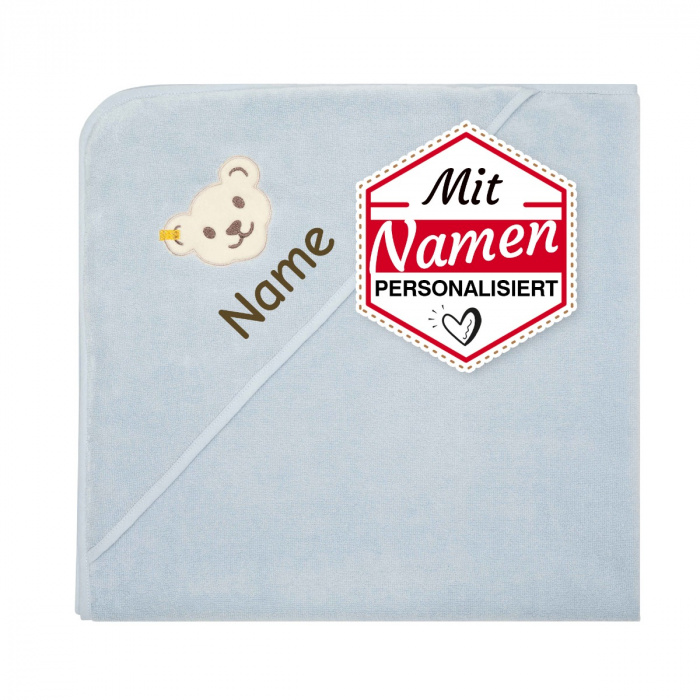 Steiff Personalisiertes Kapuzenhandtuch 100x100 Blau, Junge Geschenk zur Geburt, bestickt