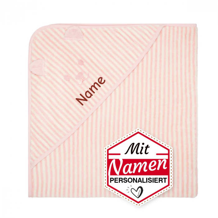 Steiff Kapuzenhandtuch, Badetuch mit Kapuze, Silver Pink, Rosa gestreift, bestickt