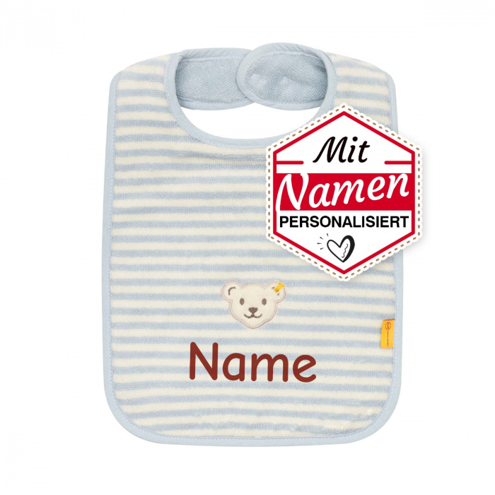 Steiff Bär Lätzchen mit Namen personalisiert, personalisiertes Geschenk zur Geburt, Celestial Blue, bestickt