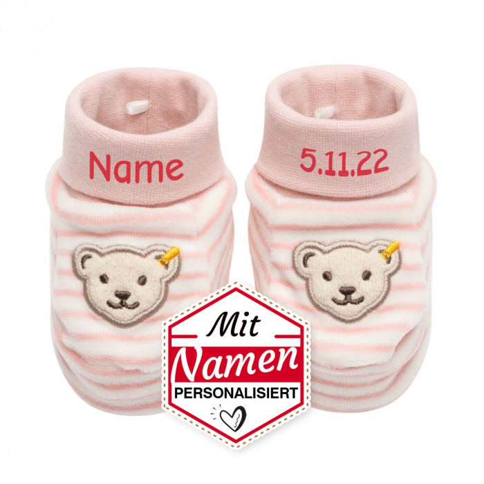 Steiff Erste Babyschuhe mit Namen + Datum, GOTS Rosa, Mädchen Geschenk zur Geburt personalisiert