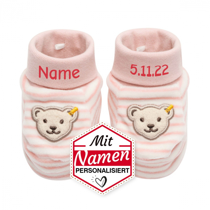 Steiff Erste Babyschuhe mit Namen + Datum, GOTS Rosa, Mädchen Geschenk zur Geburt personalisiert, bestickt